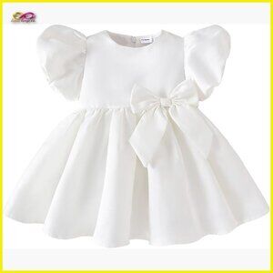 Satin Formal Dress Puff Sleeves A-Line Bow Elegant Baby Girl Outfit
